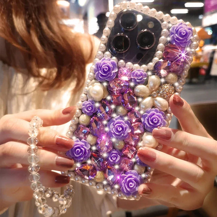 Deluxe Diamond Pearl Flower Phone Case Suitable for iPhone 15 14 Pro Max 13 12 11 X XR XS  8 3D Flower Transparent Bracelet Case