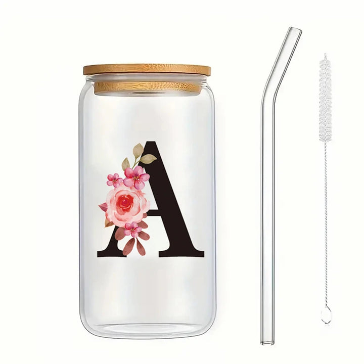 Alphabet Flowers Drinking Glass Letter A-Z Iced Coffee Water Juice Bottle Portable Clear Cup with Lid Straw Brush Birthday Gifts