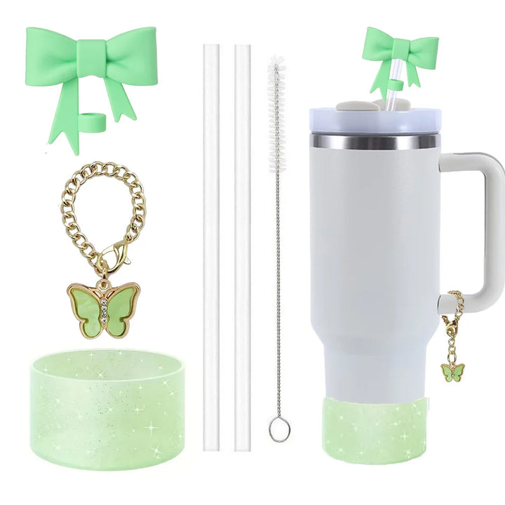 6pcs Accessories Set for Stanley Cup 30oz/40oz Including Glitter Silicone Boot Diamond Butterfly Charm Chain Bow Silicone Straw - Total Trends Fusion