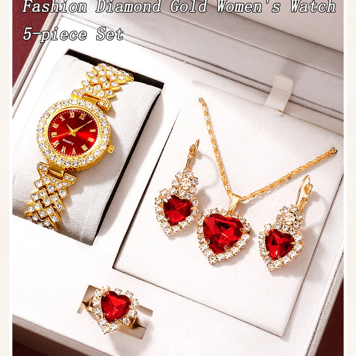Golden Luxury Watch Women Ring Necklace Earring Rhinestone Fashion Wristwatch Casual Ladies Bracelet Watches Jewelry Set - Total Trends Fusion