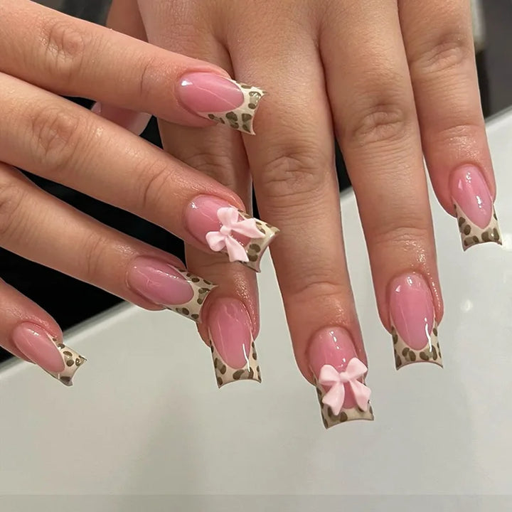"Pink French 3D Bowknot Press-On Nails | Short Square Fashion False Nails"