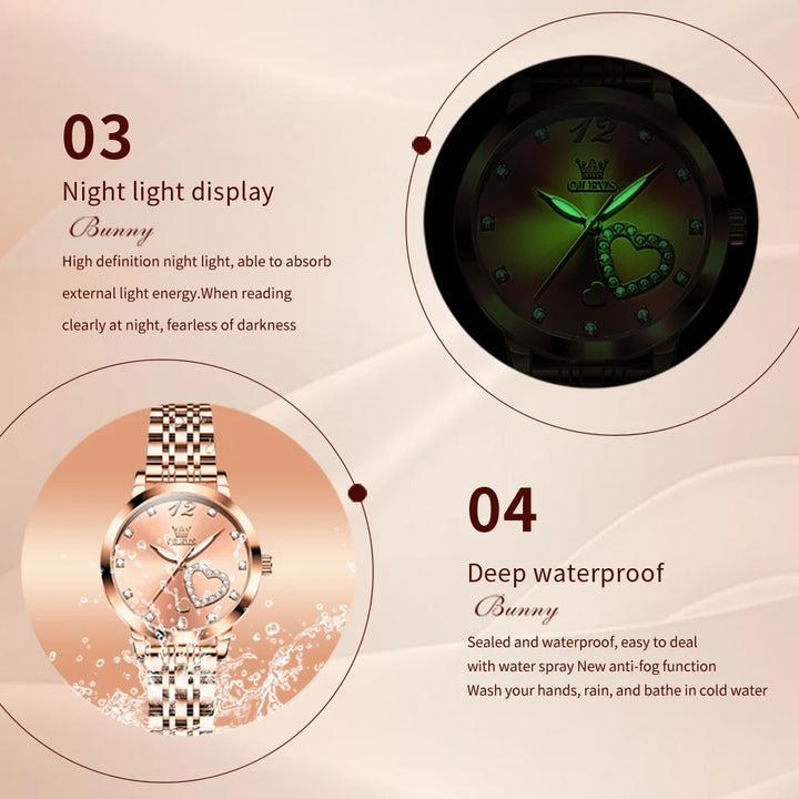 OLEVS Japan Quartz Women Watch Stainless steel Bracelet "Love" Dial Fashion Elegant Waterproof Luminous Quartz Watch for Ladies - Total Trends Fusion