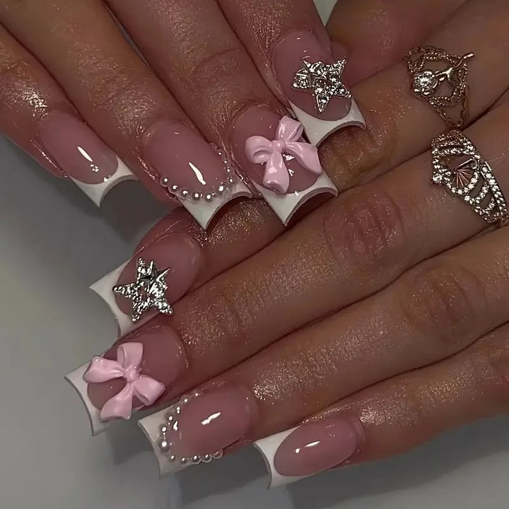 "Pink French 3D Bowknot Press-On Nails | Short Square Fashion False Nails"