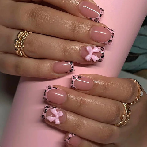 "Pink French 3D Bowknot Press-On Nails | Short Square Fashion False Nails"