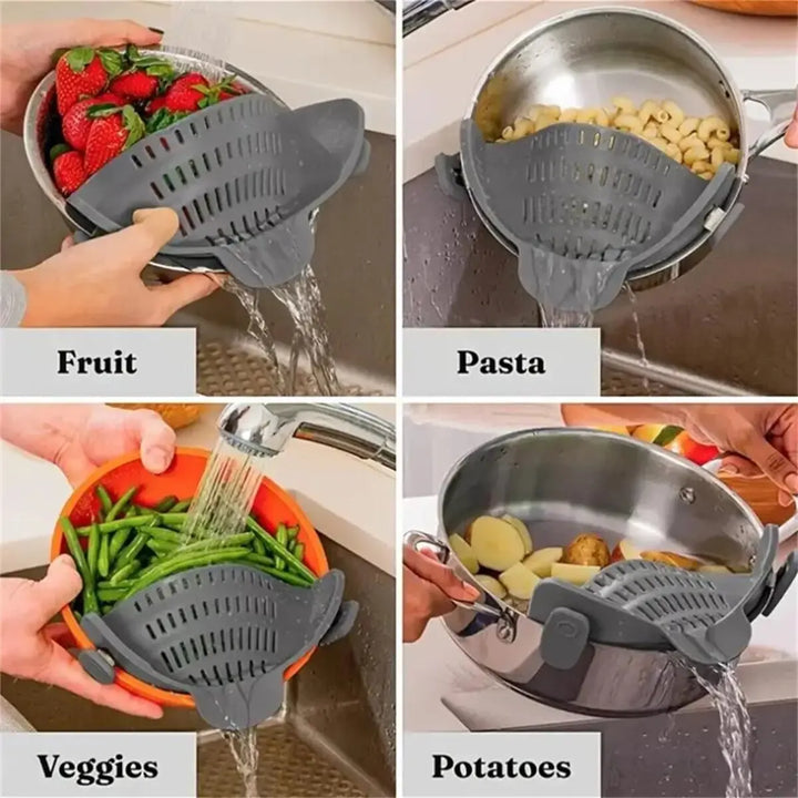 1pc Adjustable Silicone Clip-On Strainer for Pots, Pans, and Bowls - Handheld Drainer for Noodles, Pasta - Total Trends Fusion