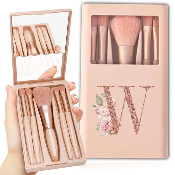 5pcs Travel Cosmetic Brush Kit With Mirror Makeup Brush Set Bag Portable Organizer Box Beauty Tool Case Rose Gold Letter Pattern