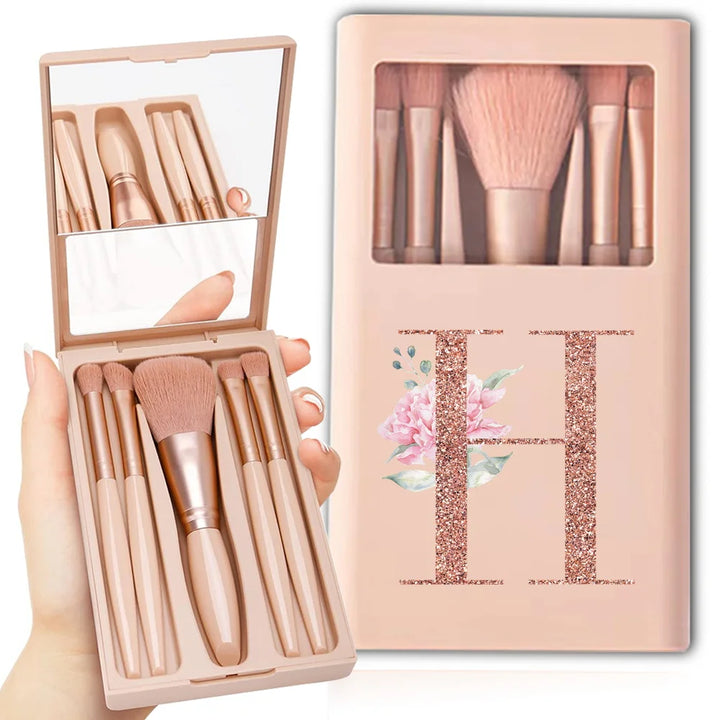 5pcs Travel Cosmetic Brush Kit With Mirror Makeup Brush Set Bag Portable Organizer Box Beauty Tool Case Rose Gold Letter Pattern