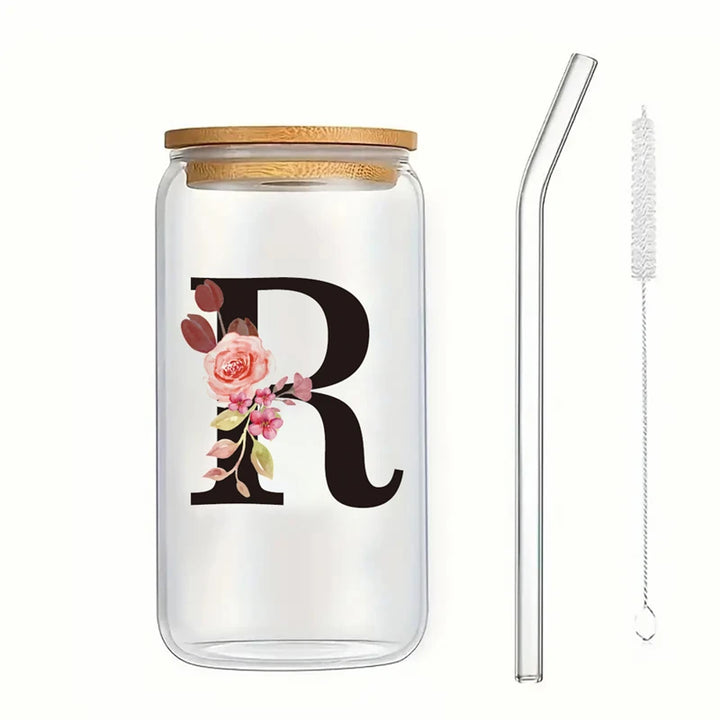 Alphabet Flowers Drinking Glass Letter A-Z Iced Coffee Water Juice Bottle Portable Clear Cup with Lid Straw Brush Birthday Gifts