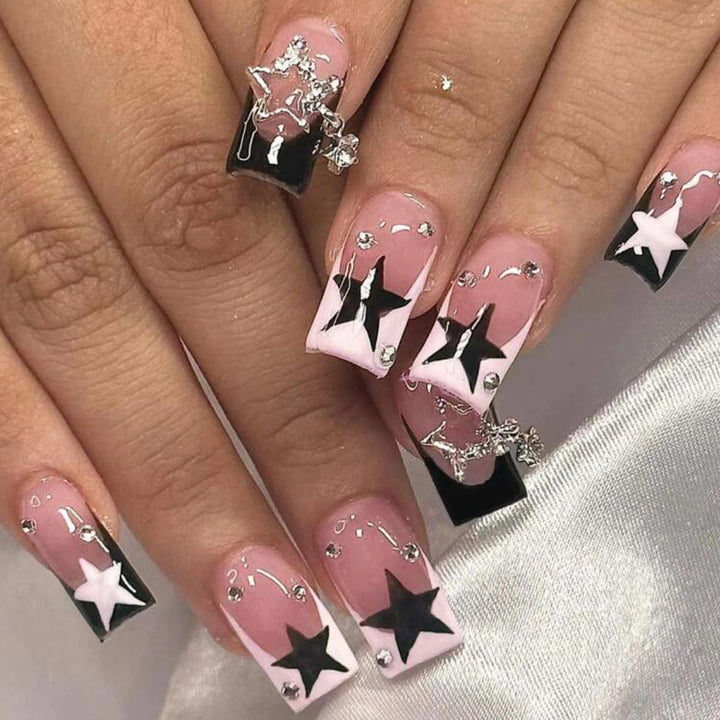 Hot New Women Girls 24Pcs Long Square Red French White Border Heart Full Coverage Wearable Fake Nail Press on Nail Art