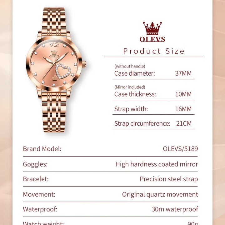 OLEVS Japan Quartz Women Watch Stainless steel Bracelet "Love" Dial Fashion Elegant Waterproof Luminous Quartz Watch for Ladies