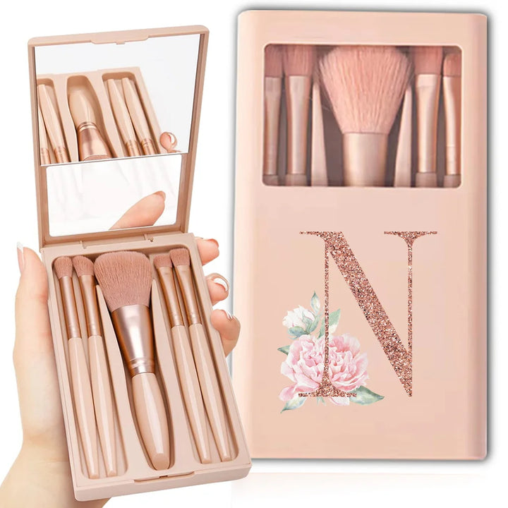 5pcs Travel Cosmetic Brush Kit With Mirror Makeup Brush Set Bag Portable Organizer Box Beauty Tool Case Rose Gold Letter Pattern