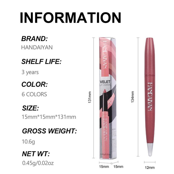 Handaiyan 6 Colors Matte Waterproof Velvet Nude Lipstick Pencil Lip Liner Sexy Red Pink Pigments Makeup Long Lasting