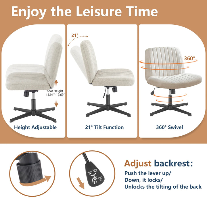 JHK Cross Legged Office Chair Armless Wide Desk Chair with Dual-Purpose Base Adjustable Swivel Fabric Task Vanity Home Office - Total Trends Fusion
