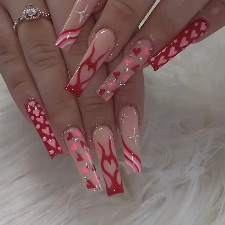 24pcs/Box Long T Handmade Valentine's Day French Flame Wave Love With Diamond False Nail Enhancement Waterproof Gel Fake Nails