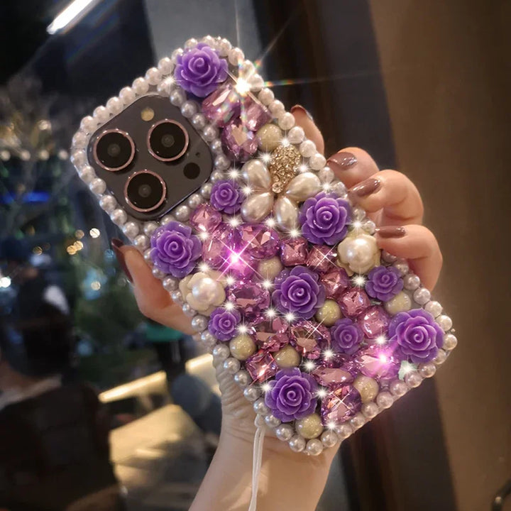 Deluxe Diamond Pearl Flower Phone Case Suitable for iPhone 15 14 Pro Max 13 12 11 X XR XS  8 3D Flower Transparent Bracelet Case