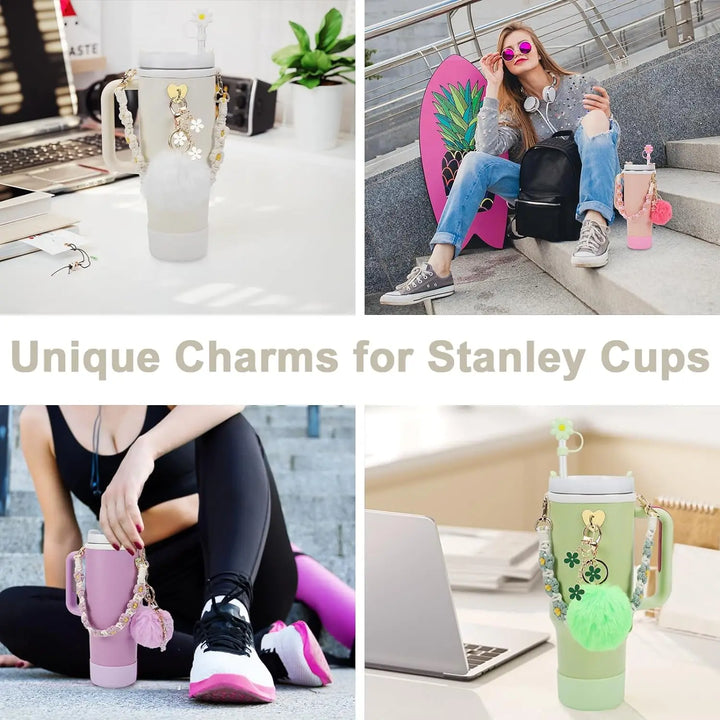 7Pcs for Stanley cup accessory set includes 1 water bottle handle strap, 1 cup cover, 1 fixed cup cover, 1straw cover, 3 charms - Total Trends Fusion