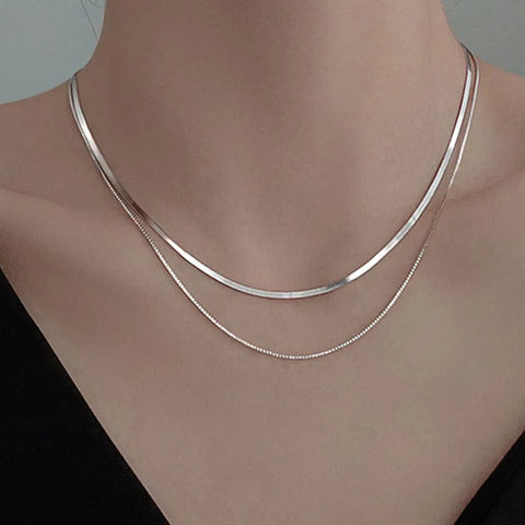 S925 Silver Double Layer Box & Snake Chain Clavicle Necklace – Hip-Hop Retro Style