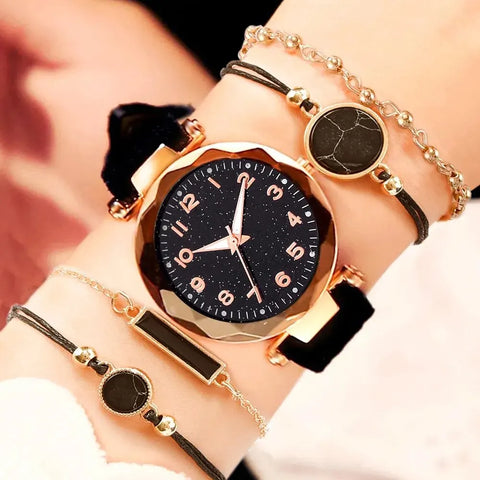 5pcs Set Womens Watches Set Ladies Fashion Watch Black Female New Simple Casual Womens Analog WristWatch Bracelet Gift No Box - Total Trends Fusion