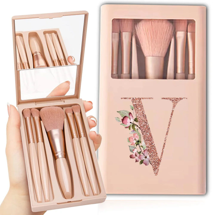 5pcs Travel Cosmetic Brush Kit With Mirror Makeup Brush Set Bag Portable Organizer Box Beauty Tool Case Rose Gold Letter Pattern