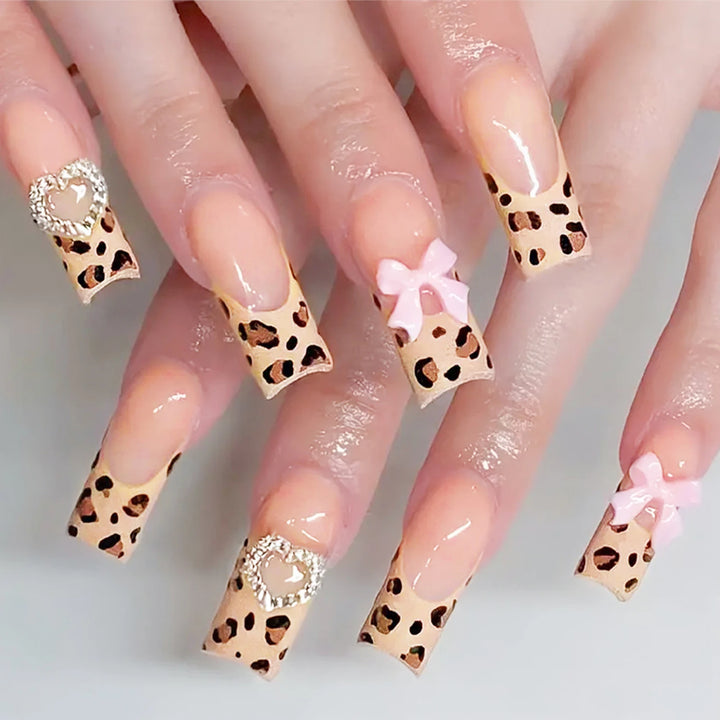 "Pink French 3D Bowknot Press-On Nails | Short Square Fashion False Nails"