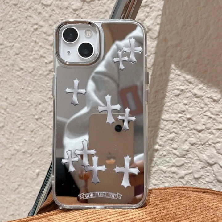 Luxury Pink & Silver Jesus Cross Mirror Phone Case – Hard Acrylic | iPhone 11–15 Pro Max