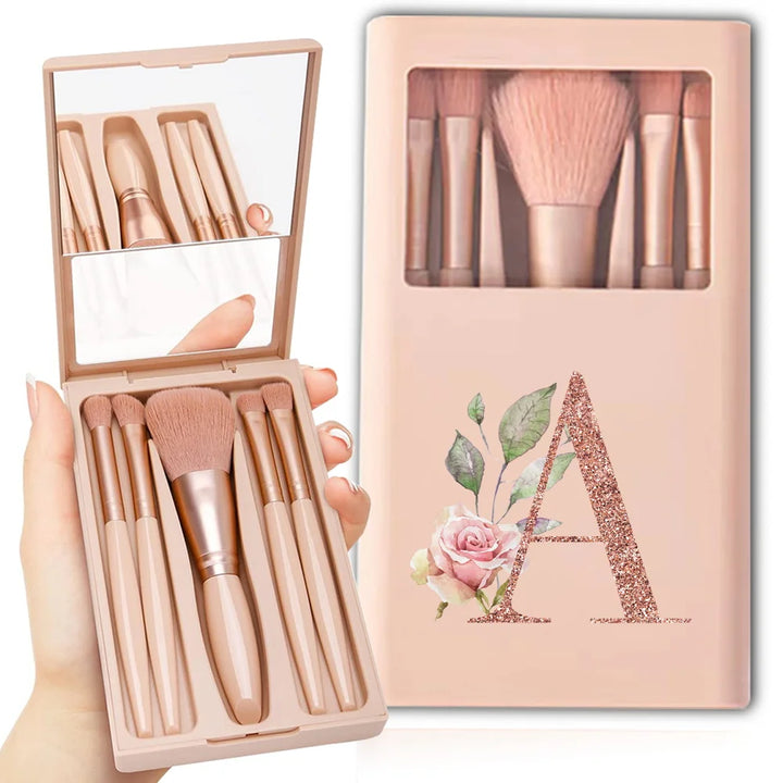 5pcs Travel Cosmetic Brush Kit With Mirror Makeup Brush Set Bag Portable Organizer Box Beauty Tool Case Rose Gold Letter Pattern