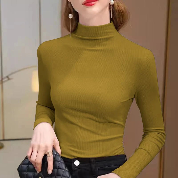 Women's Elastic Half High Collar T-Shirt Solid Ribbed Tops Long Sleeve Tight Bottom Basic Shirt Casual Clothing Autumn - Total Trends Fusion