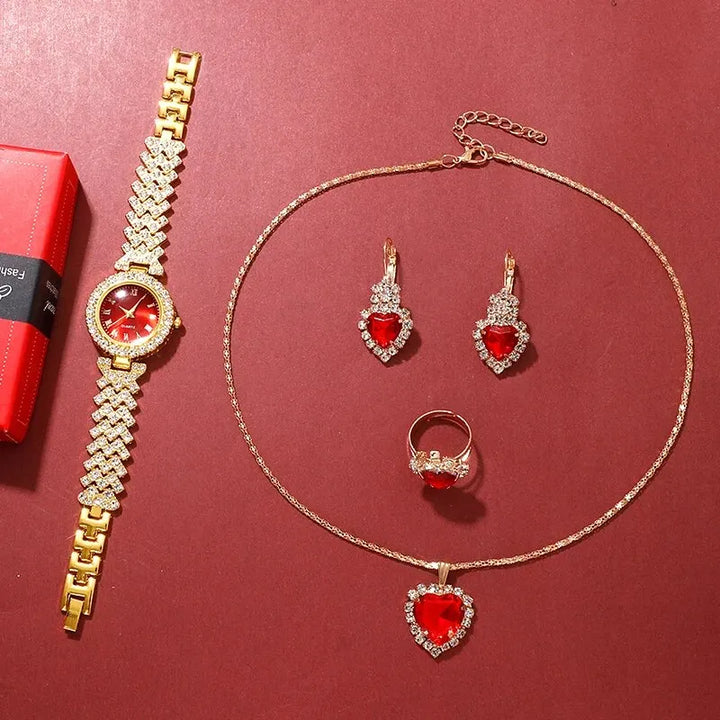 Golden Luxury Watch Women Ring Necklace Earring Rhinestone Fashion Wristwatch Casual Ladies Bracelet Watches Jewelry Set - Total Trends Fusion