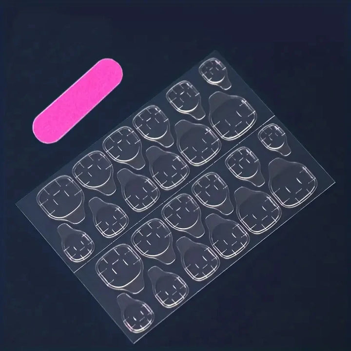 A full set of 24 long coffin-shaped fake nails with solid color fake nails and a heart design, including 1 jelly glue and 1 rub
