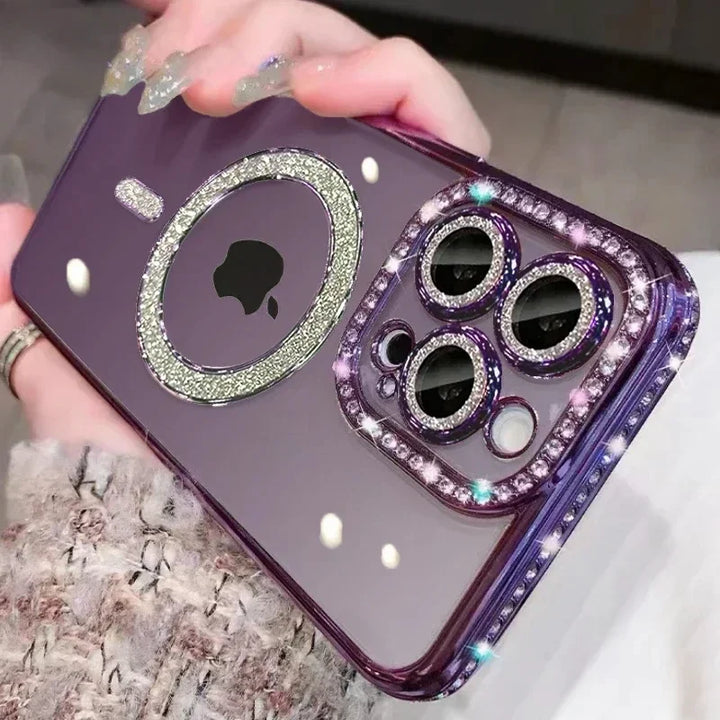 Clear Bling Crystal Phone Case For iPhone 15 16 14 11 12 13 Pro Max Plus For Magsafe Magnetic Wireless Charging Lens Film Cover