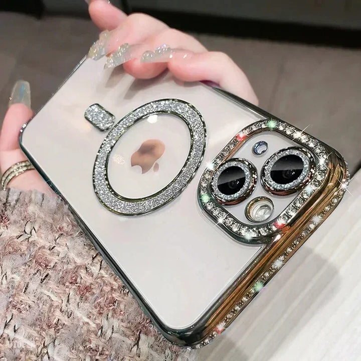 Clear Bling Crystal Phone Case For iPhone 15 16 14 11 12 13 Pro Max Plus For Magsafe Magnetic Wireless Charging Lens Film Cover