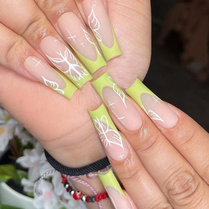 Hot New Women Girls 24Pcs Long Square Red French White Border Heart Full Coverage Wearable Fake Nail Press on Nail Art