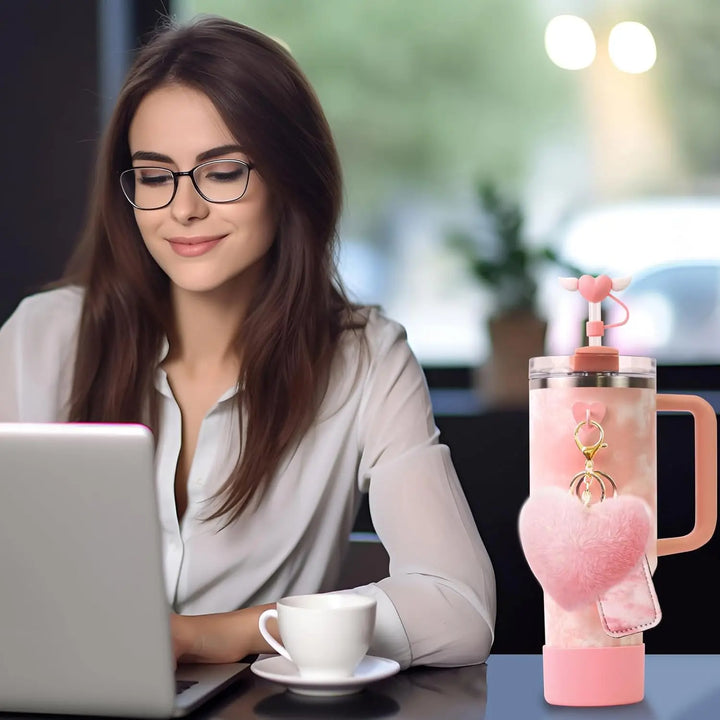 Accessories Set for Stanley 40oz & 30oz Tumbler Including Silicone Boot Straw Cover Cap Heart Hook Lipstick Bag and Heart Pompom - Total Trends Fusion