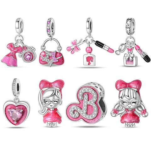 Charms 925 Silver Pink Princess Dress Bag Makeup Lipstick High Heels For Pandora Bracelet Pendant DIY Jewelry Hot Gift 2024 new