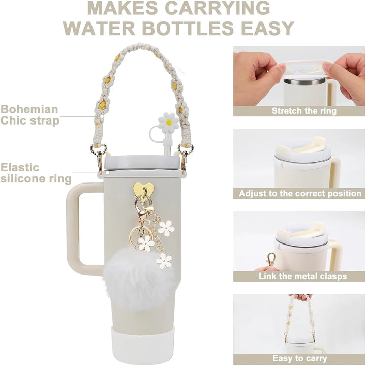 7Pcs for Stanley cup accessory set includes 1 water bottle handle strap, 1 cup cover, 1 fixed cup cover, 1straw cover, 3 charms - Total Trends Fusion