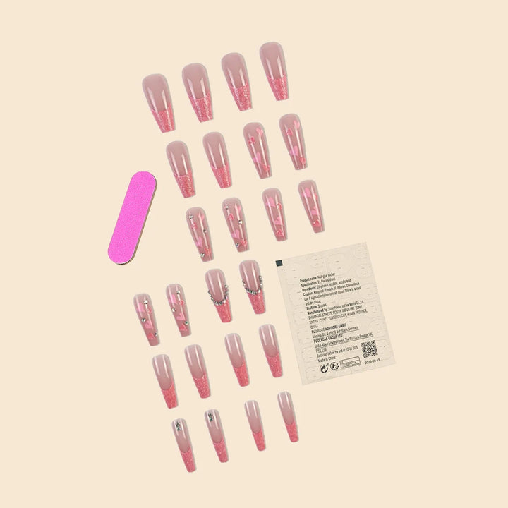 Women Girls Trend 24Pcs/Set Long Ballet French Heart Glitter Stone Decoration Full Coverage Wearable Fake Nail Press on Nail Art