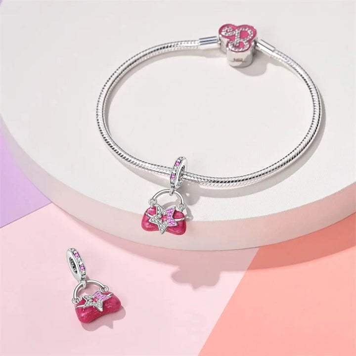 Charms 925 Silver Pink Princess Dress Bag Makeup Lipstick High Heels For Pandora Bracelet Pendant DIY Jewelry Hot Gift 2024 new