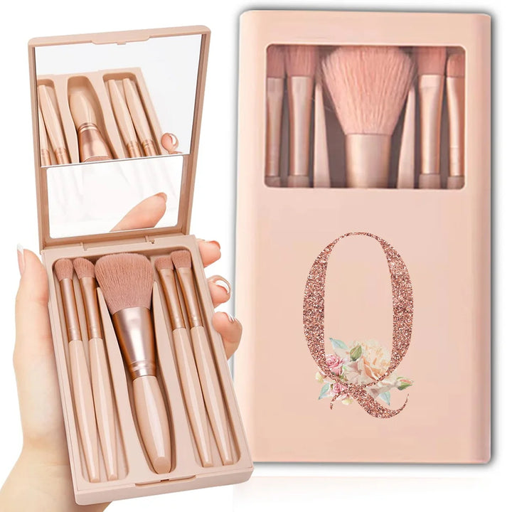 5pcs Travel Cosmetic Brush Kit With Mirror Makeup Brush Set Bag Portable Organizer Box Beauty Tool Case Rose Gold Letter Pattern