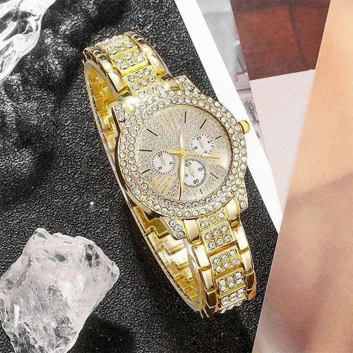 Women's Quartz Watch Gold Luxury Women Ring Necklace Earring Rhinestone Fashion Wristwatch Casual Ladies Watches Jewelry Set - Total Trends Fusion