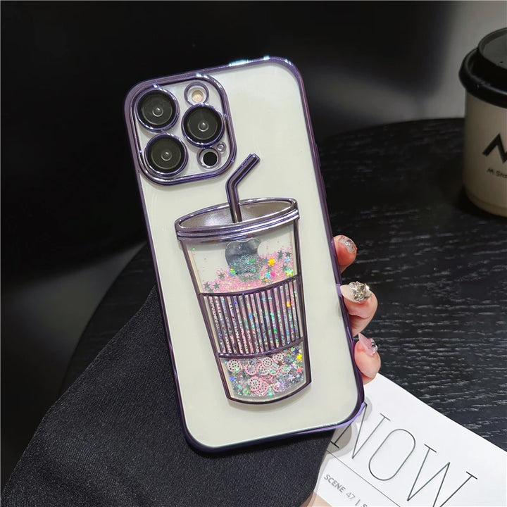 Fashion Milk Tea Cup Bling Glitter Star Quicksand Case For iPhone 14 13 11 12 15 Pro Max Shiny Sequins Transparent Plating Cover