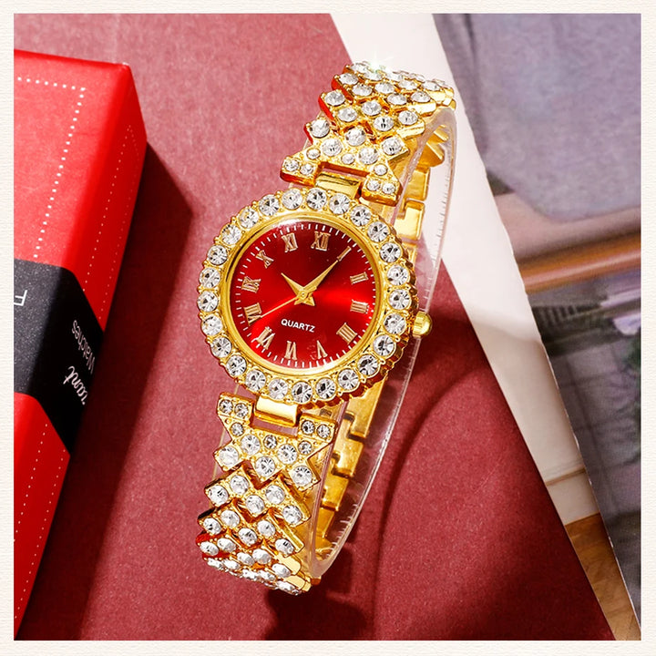 Golden Luxury Watch Women Ring Necklace Earring Rhinestone Fashion Wristwatch Casual Ladies Bracelet Watches Jewelry Set