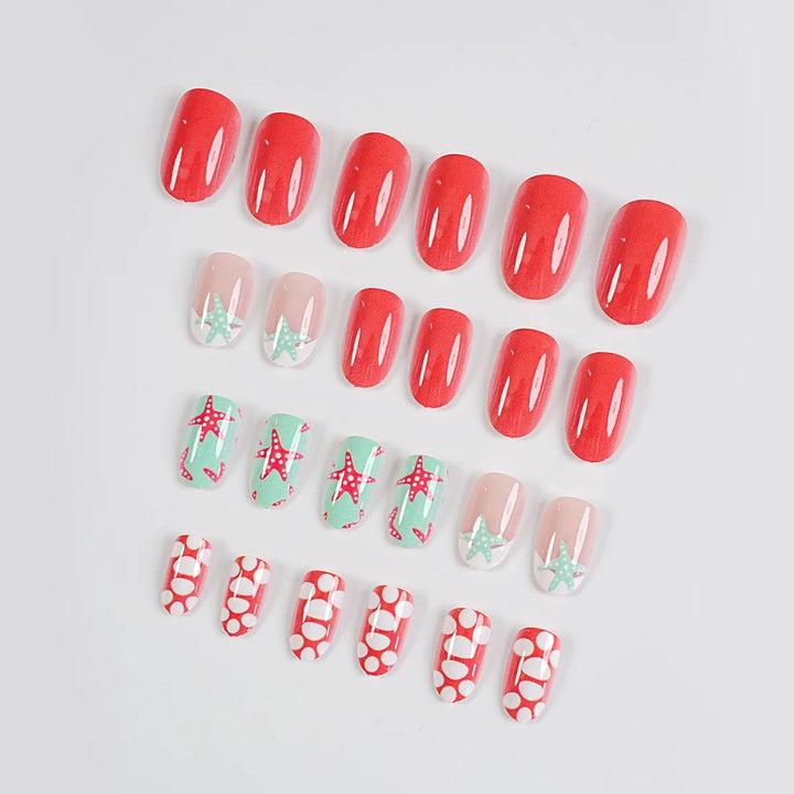 24Pcs Almond Coverage Press On Nails Starfish Beach Fake Nails Cute Briquette Reusable False Nail Summer Hot Wear Nails