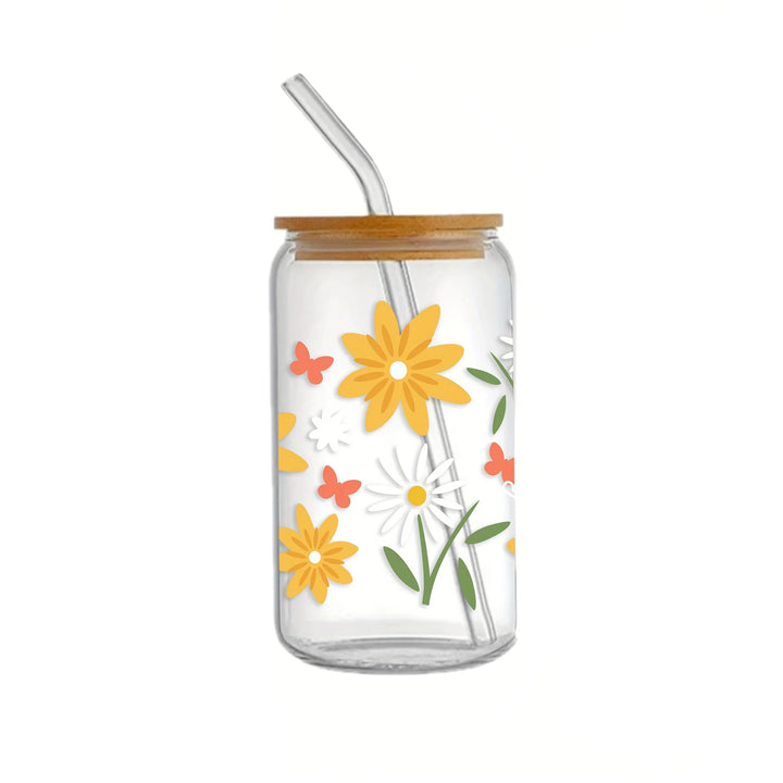 16oz Clear 3D Printed Sublimation Glass Cup With Bamboo Lid And Glass Straw Drinking Cups With Waterproof Sticker Muti-Pattern