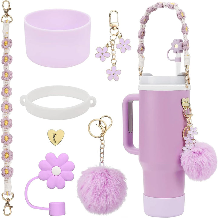 7Pcs for Stanley cup accessory set includes 1 water bottle handle strap, 1 cup cover, 1 fixed cup cover, 1straw cover, 3 charms - Total Trends Fusion