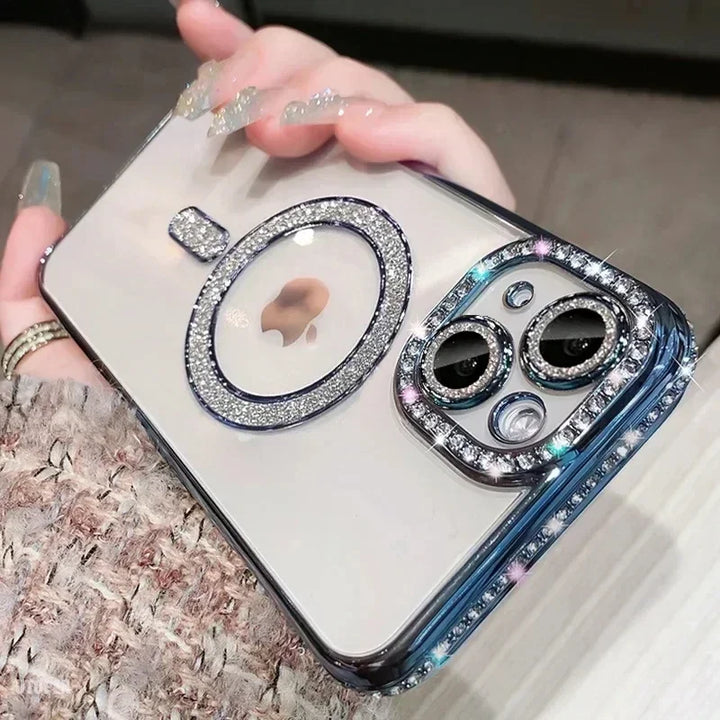 Clear Bling Crystal Phone Case For iPhone 15 16 14 11 12 13 Pro Max Plus For Magsafe Magnetic Wireless Charging Lens Film Cover