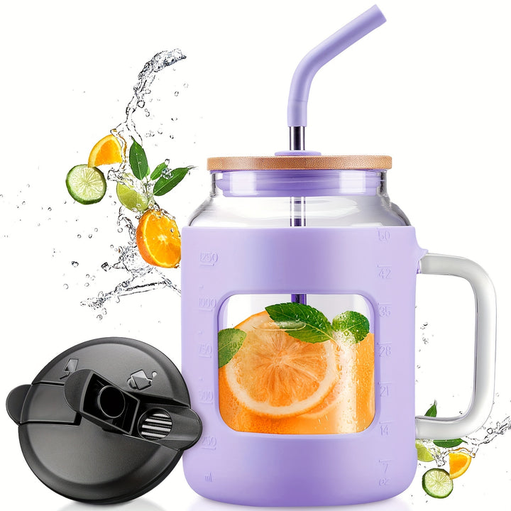 MUKOKO 50 Oz Mug Tumbler, Glass Pitcher With Handle, 1.5 Liter Tumbler With Lids And Straw, Water Bottle With Ounce Marker, Glass Coffee Cup For Travel, Gifts, Dishwasher Safe BPA Free - Total Trends Fusion