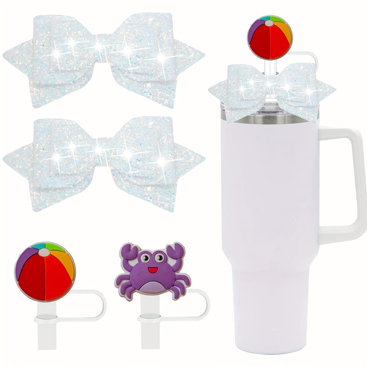 4PCS Modern Cup Accessories Set - Straw Cover Caps & Glitter Bow Charms Hanging Ornaments for 30 & 40 Oz Stanley Cups, Plastic Straw Toppers, General Fit, No Electricity Needed, Featherless - Total Trends Fusion