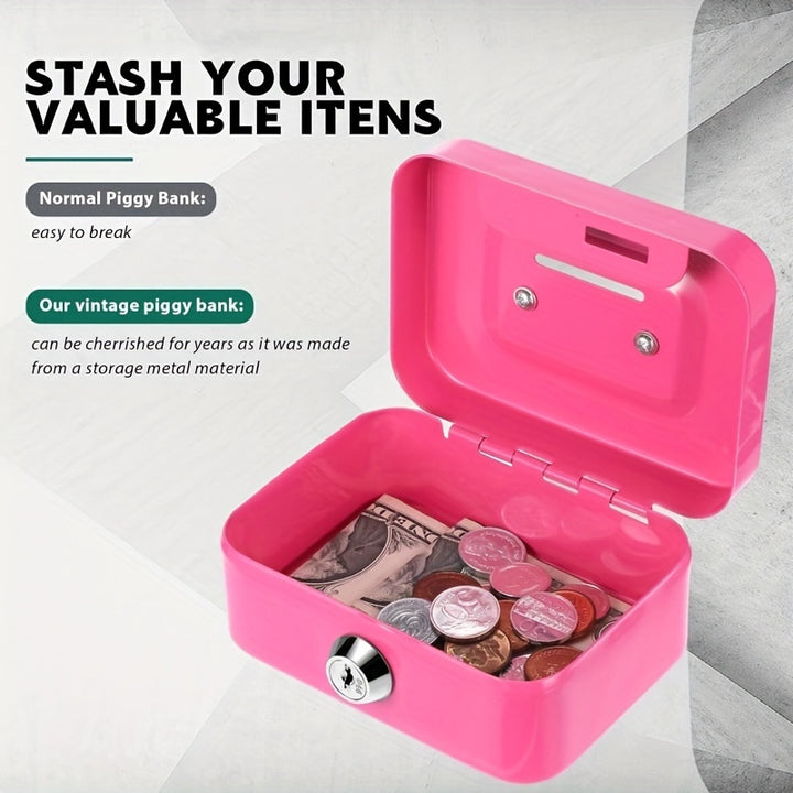 1pc Metal Cash Storage With Key Lock, Secure Metal Key-Lock Storage Box With Top Handle Holder, Adult Piggy Bank, Coin Saver, Cash Register For Daily Office Use - Total Trends Fusion