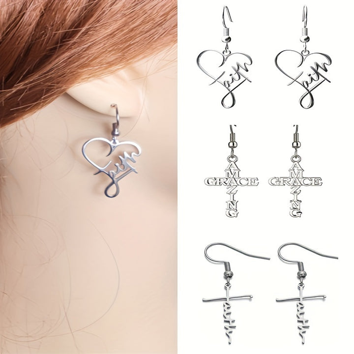 3 Pairs Stainless Steel Amazing Grace Shaped Hook Dangle Earrings, Unisex Jewelry for Daily Accessories and Chic Gifts - Total Trends Fusion