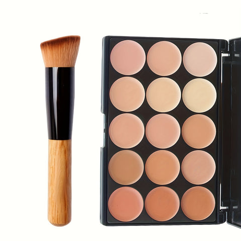 "2pcs 15-Color Concealer Palette with Brush | Waterproof & Full Coverage Makeup"